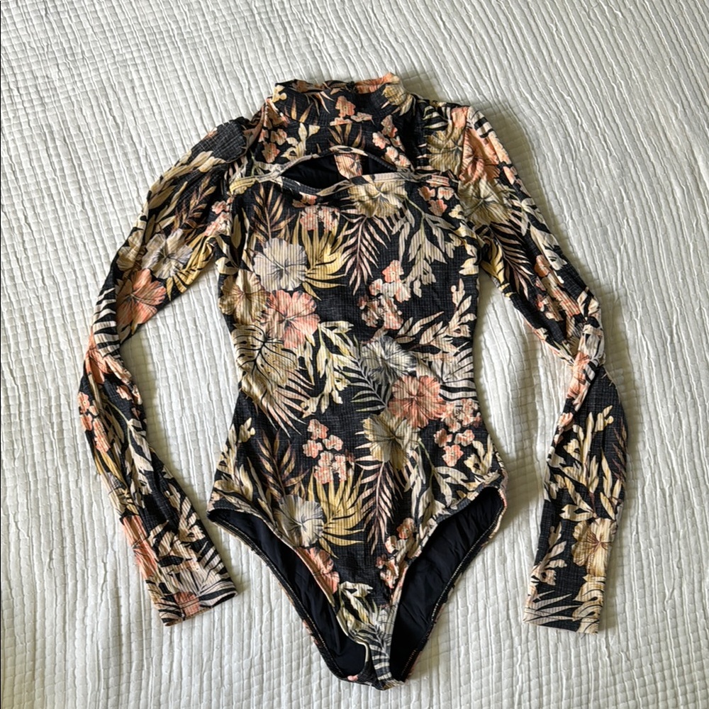 Rip Curl Floral Long Sleeve One Piece - Black and Pink